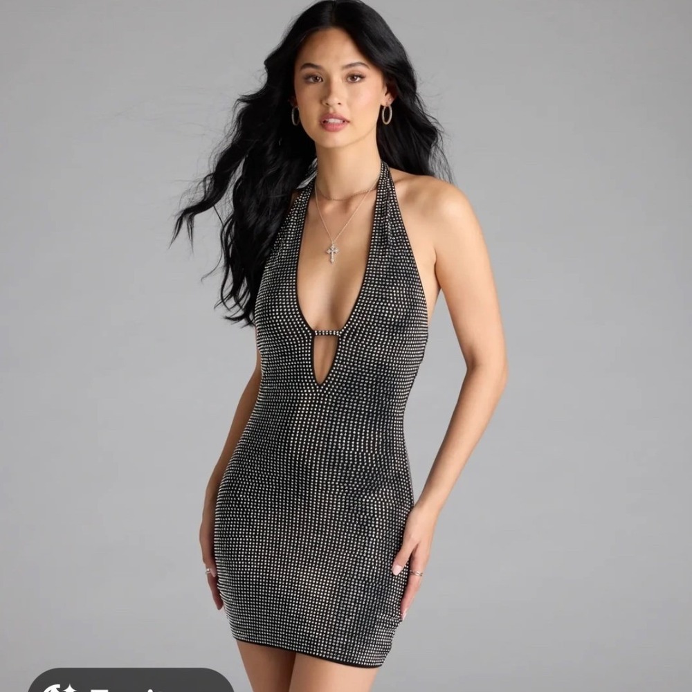 Windsor Out And About Rhinestone Bodycon Mini Dress Black Halter Open Back Med